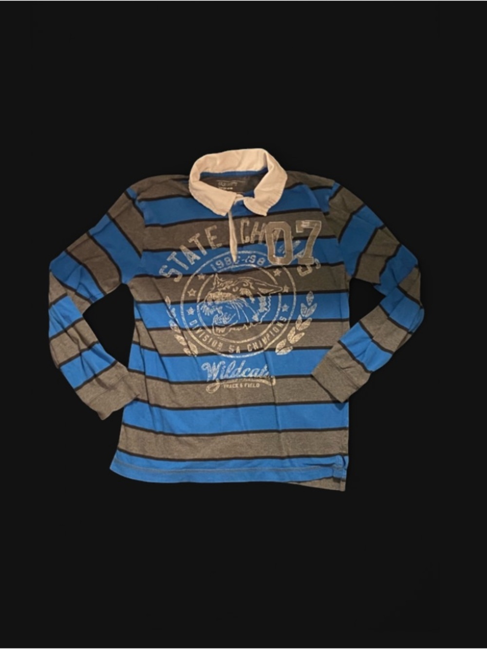 Old Navy Boys Blue and Gray Striped Long Sleeve Rugby Shirt with White Collar